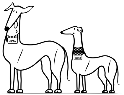 Bran and Birdy, the retired greyhounds behind the brand