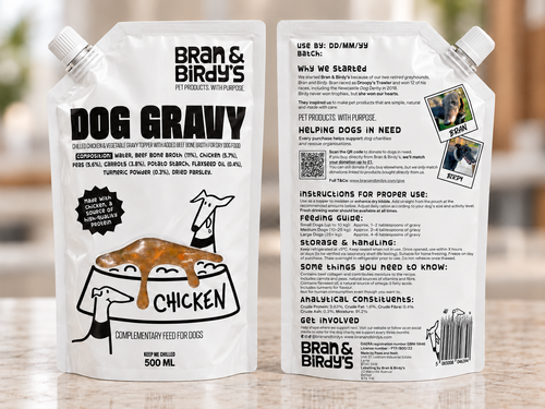 Bran & Birdy’s Chicken Dog Gravy 500 ml pouch, front and back packaging views